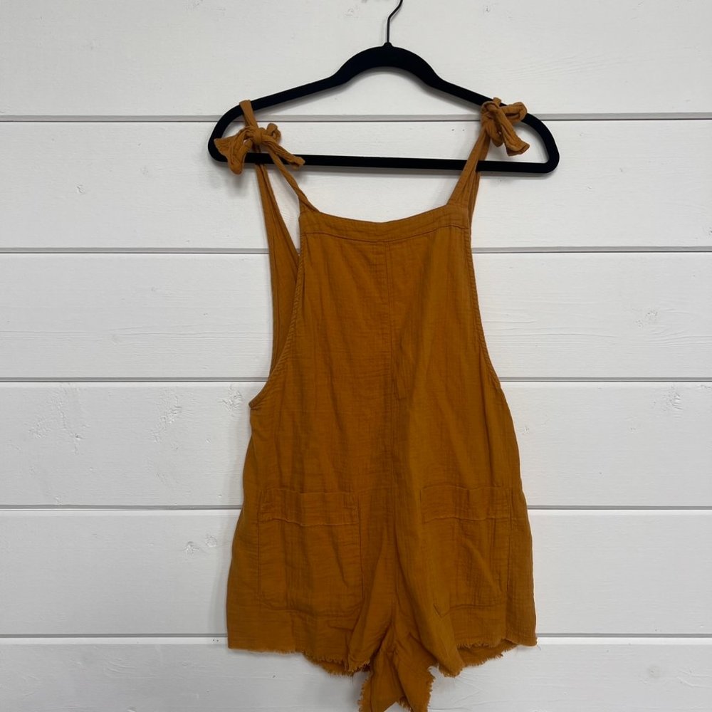Billabong Mustard Linen Romper with Shoulder Ties and Pockets